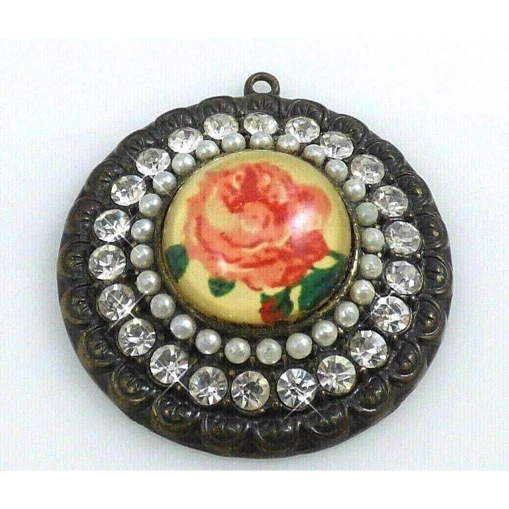 Victorian Rose Flower Pendant Medallion Bronze Faux Pearls Rhinestones Vintage